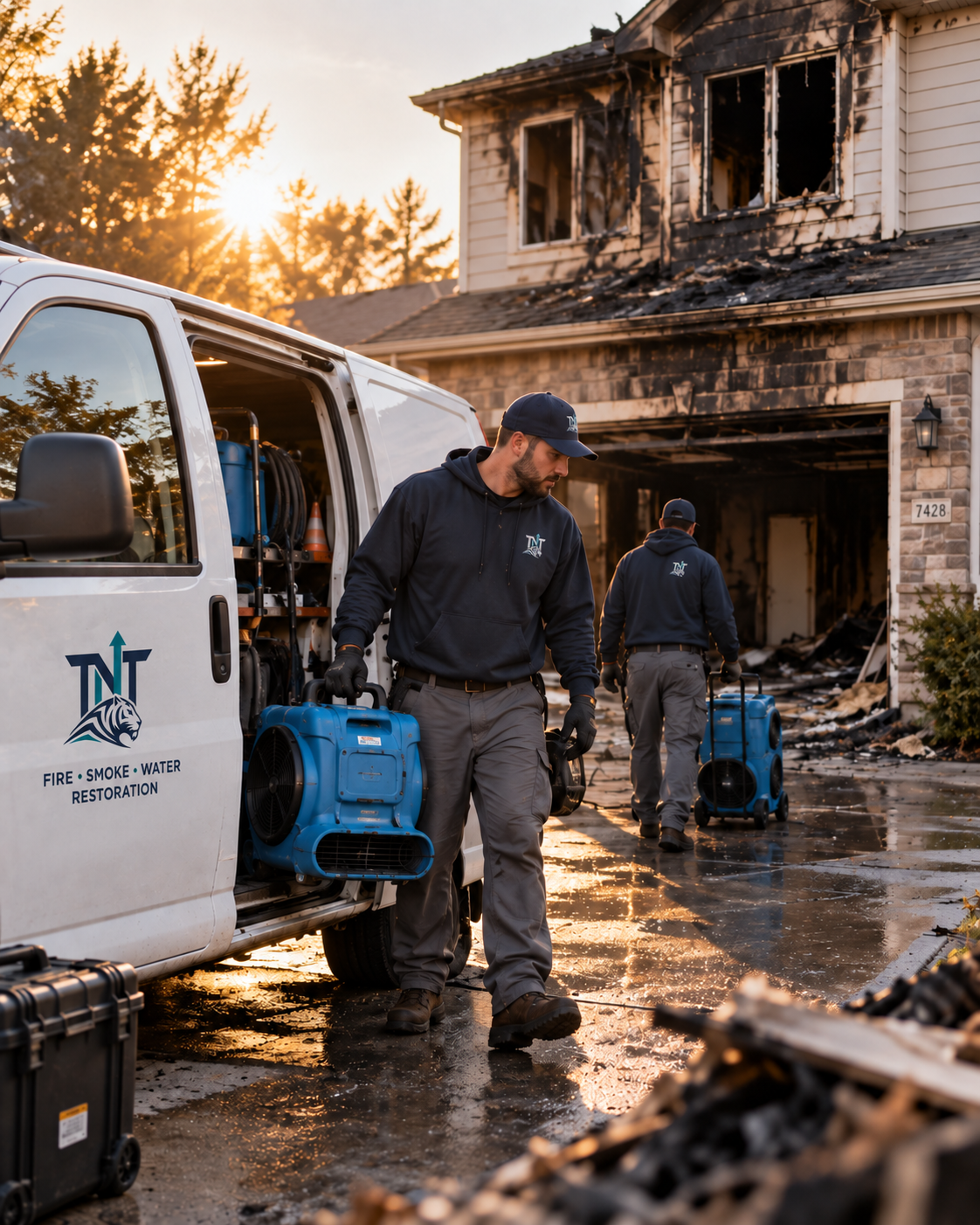 TNT Restoration fire and smoke damage response crew outside a fire-damaged home at golden hour