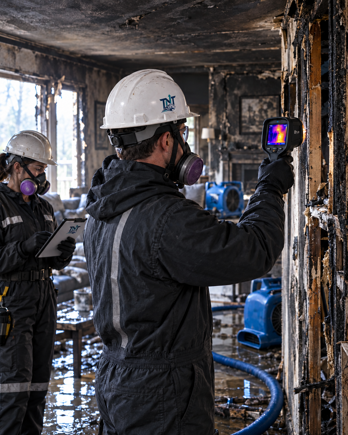 Restoration technician performing a thermal inspection inside a fire-damaged home