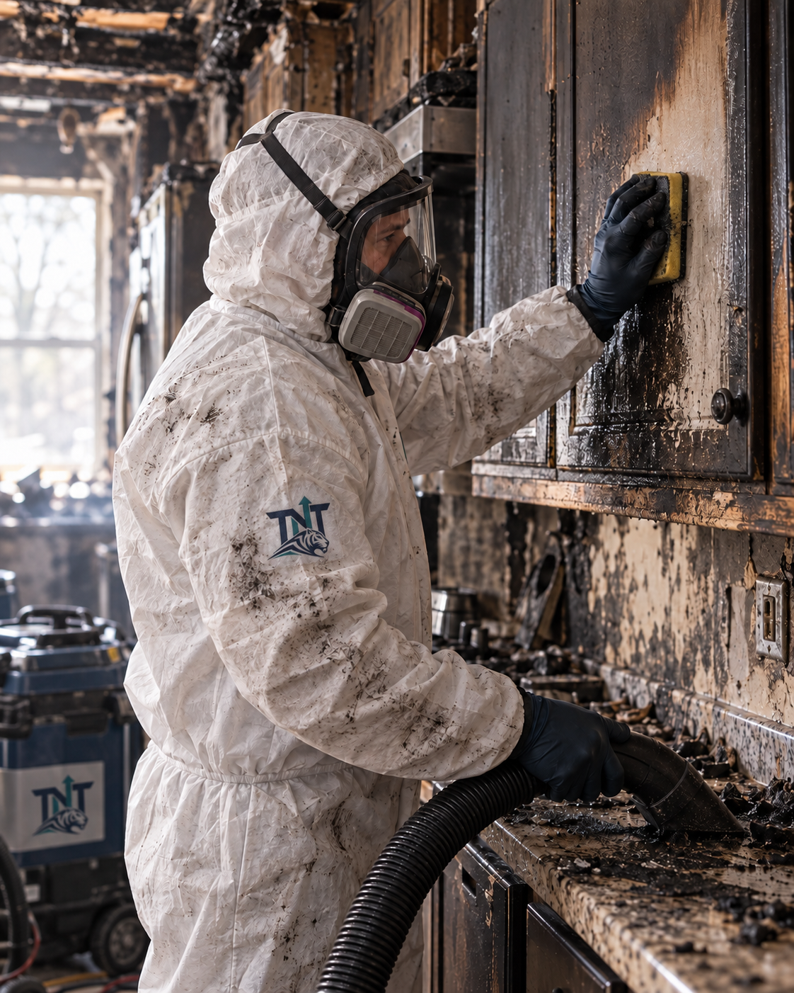 Professional fire restoration cleanup in a soot-damaged residential kitchen