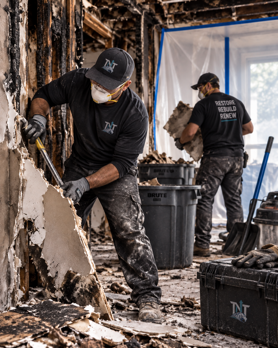 Restoration crew performing selective demolition and debris removal after residential fire damage