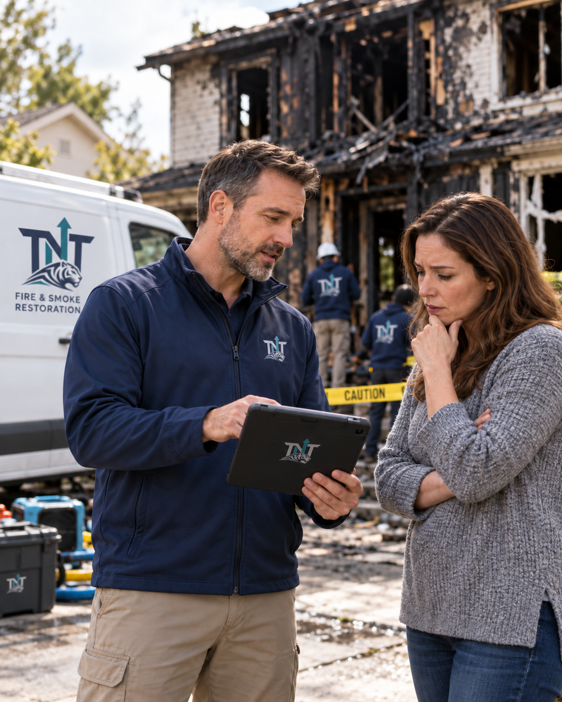 Restoration professional consulting with a homeowner about fire and smoke damage repairs