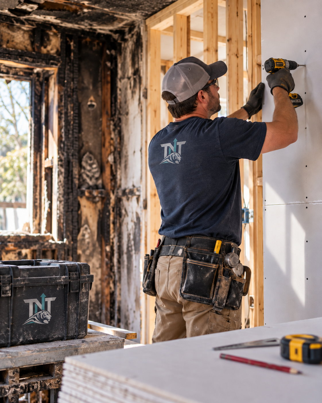 Drywall reconstruction and build-back work inside a fire-damaged home