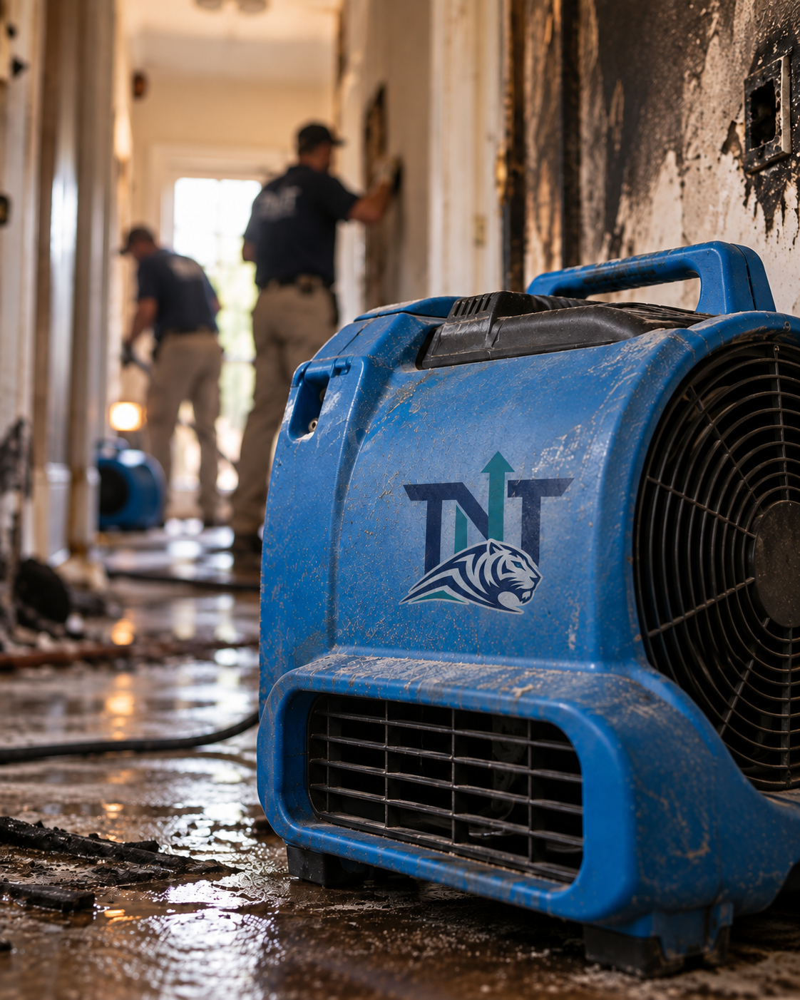 Air movers drying a hallway after water used during fire suppression