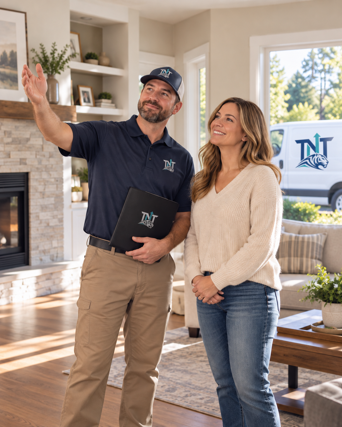 Final walkthrough of a restored residential interior after fire damage repairs